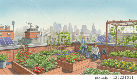 屋上農園と都市スカイライン―サステナブルライフを描いた水彩イラスト 125221011