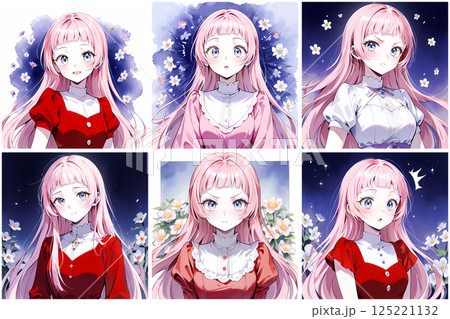レトロな服を着たピンク髪の少女の表情集。前髪の短い女の子。昭和時代の漫画風のAIイラスト6種類セット レトロな服を着たピンク髪の少女の表情集。前髪の短い女の子。昭和時代の漫画風のAIイラスト6種類セット 125221132