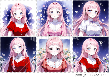 レトロな服を着たピンク髪の少女の表情集。前髪の短い女の子。昭和時代の漫画風のAIイラスト6種類セット レトロな服を着たピンク髪の少女の表情集。前髪の短い女の子。昭和時代の漫画風のAIイラスト6種類セット 125221132