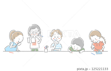 並んで勉強や工作を楽しむ子供たちのイラスト 125221133