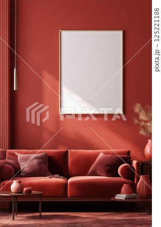 Empty white frame on a vibrant red wall with a cozy red sofa in the foreground. The warm lighting enhances the modern and minimalist atmosphere, perfect for a poster mockup. Concept of home decor and  125221186
