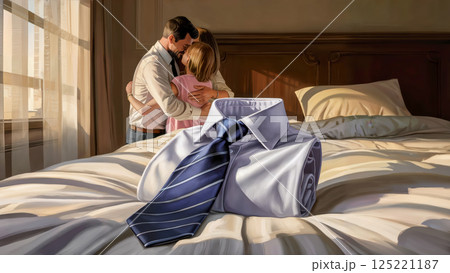 Couple embracing each other in a warm and intimate moment, with a wrinkled shirt and tie placed prominently on the bed in the foreground. The soft lighting highlights the love and connection. Concept  125221187