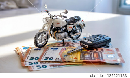 Model motorcycle placed on top of a stack of bills with a car key nearby. The bright and clean background highlights the theme of luxury and desire for material possessions. Concept of money, luxury,  125221188