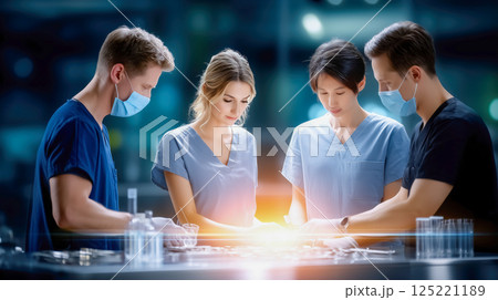 Medical team in scrubs and masks working together in a bright operating room, focused on a surgical task. The glowing light from the equipment adds intensity to the scene. Concept of healthcare, teamw 125221189