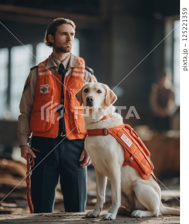 Rescue team with a search dog standing together in a disaster-stricken area, wearing protective vests. The image conveys teamwork, dedication, and the bond between humans and their canine partners. Co 125221359