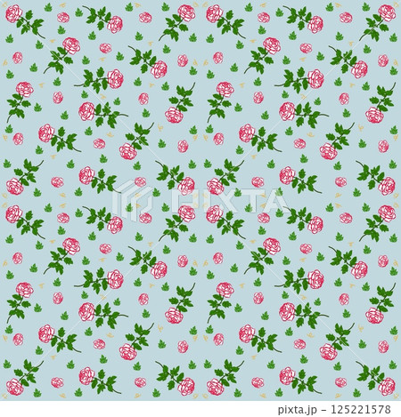 Beautiful seamless pattern of blooming red roses on the blue background. 125221578