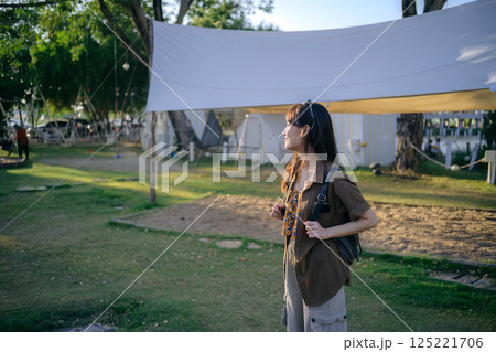Asian woman with camping activity Asian woman with camping activity 125221706