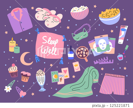 Cartoon Color Different Elements Pajama Party Set Sleep Well Concept Flat Design Style. Vector illustration od Comfort Event Cartoon Color Different Elements Pajama Party Set Sleep Well Concept Flat Design Style. Vector illustration od Comfort Event 125221871