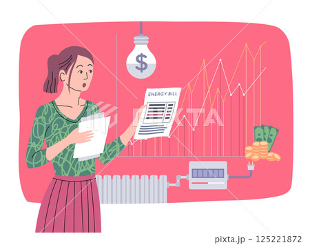 Cartoon Color Character Woman and Energy Price Growth Hike Concept Flat Design Style. Vector illustration of Girl Holding Bill Cartoon Color Character Woman and Energy Price Growth Hike Concept Flat Design Style. Vector illustration of Girl Holding Bill 125221872