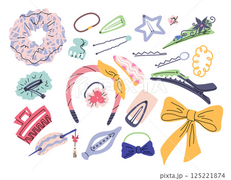 Cartoon Color Different Feminine Hair Accessory Clips Set Fashion Accessories Concept Flat Design Style. Vector illustration Cartoon Color Different Feminine Hair Accessory Clips Set Fashion Accessories Concept Flat Design Style. Vector illustration 125221874