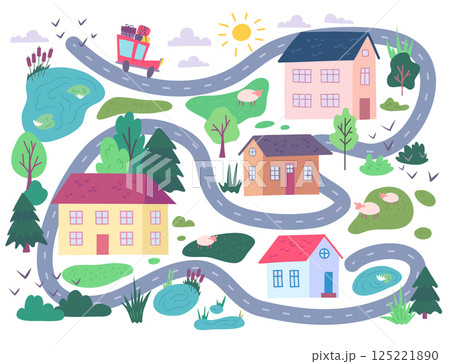 Cartoon Color Travel Map with Houses and Lawns Children Traveling with Family Concept Flat Design Style. Vector illustration 125221890