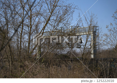 Abandoned factory buildings hidden in the bushes. 125222010