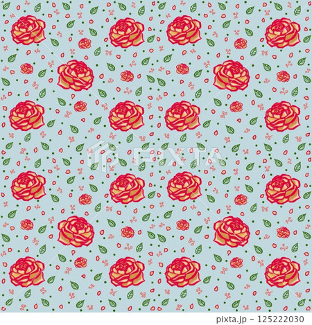 Beautiful seamless pattern of blooming red roses on the blue background. 125222030