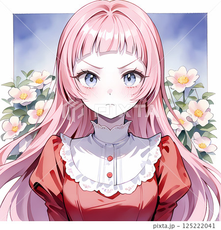 レトロな服を着たピンクの髪の少女。前髪の短い女の子。昭和時代の漫画風のAIイラスト レトロな服を着たピンクの髪の少女。前髪の短い女の子。昭和時代の漫画風のAIイラスト 125222041