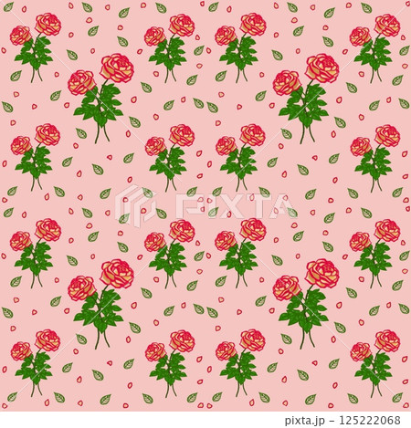 Beautiful seamless pattern of blooming red roses on the pink background. 125222068