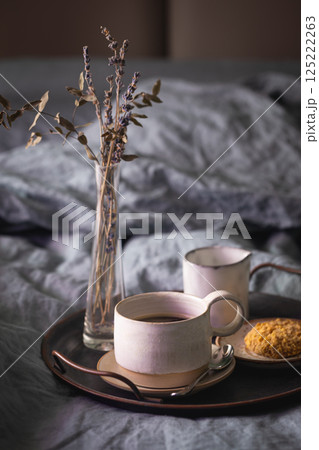 Morning coffee on metal tray Morning coffee on metal tray 125222263