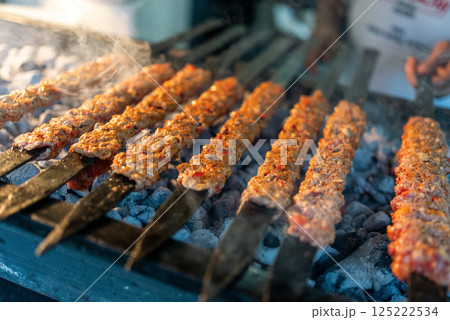 Traditional Turkish Adana kebab or kebap meat in Turkish restaurant. 125222534