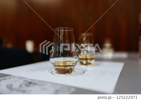 Elegant whiskey glasses gleam in a sophisticated bar setting 125222971