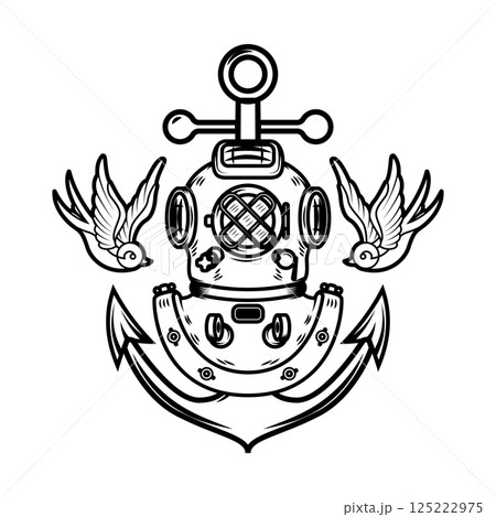 Vintage diver helmet with anchor and swallows. Nautical sailor helmet with anchor. Sailor emblem. Design element 125222975