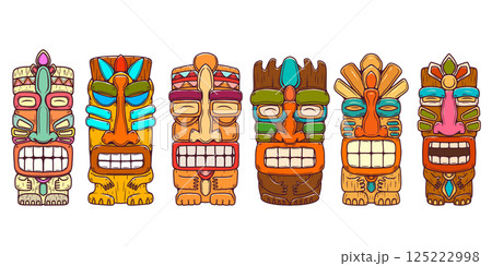 Traditional polynesian tiki idol. Illustration of tribal tiki mask. Design element for decorations. Vector illustration 125222998