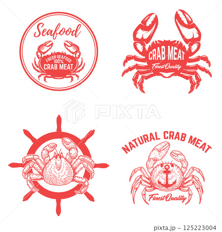 Set of vintage crab meat labels. Crab meat. Seafood emblems 125223004
