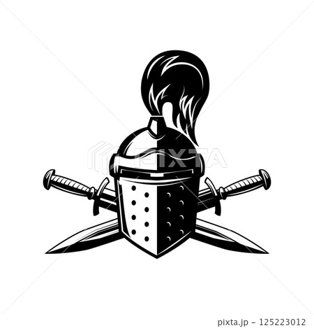 Knight helmet with crossed swords. Warrior helmet with swords. Design element 125223012