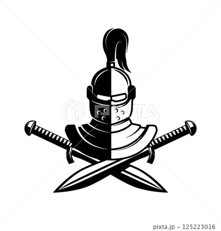 Knight helmet with crossed swords. Warrior helmet with swords. Design element Knight helmet with crossed swords. Warrior helmet with swords. Design element 125223016