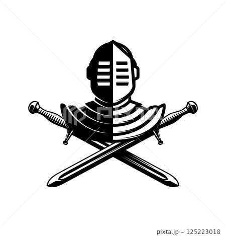 Knight helmet with crossed swords. Warrior helmet with swords. Design element Knight helmet with crossed swords. Warrior helmet with swords. Design element 125223018