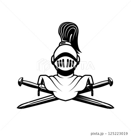 Knight helmet with crossed swords. Warrior helmet with swords. Design element 125223019