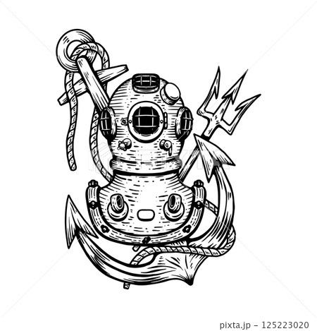 Vintage diver helmet with anchor. Nautical dive helmet with anchor. Design element 125223020