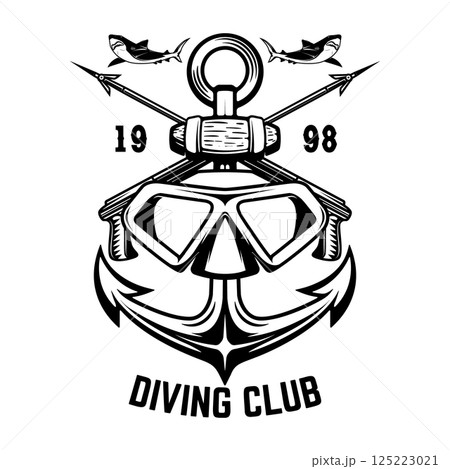 Vintage diver mask with anchor and sharks. Nautical sailor helmet with anchor. Sailor emblem. Design element 125223021