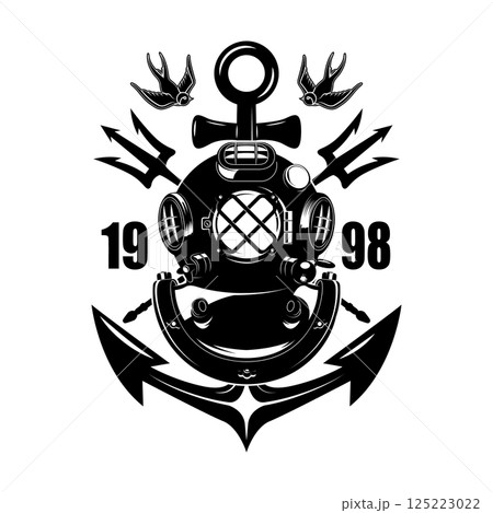 Vintage diver helmet with anchor and tridents. Nautical dive helmet with anchor. Sailor emblem. Design element 125223022