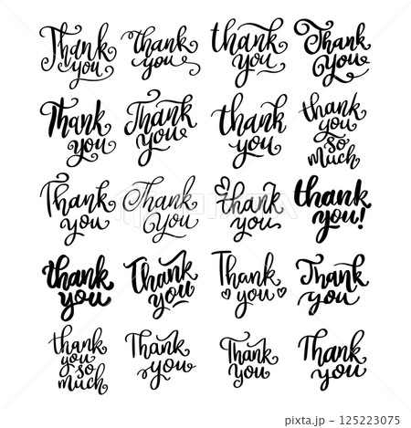 Set of black and white hand-lettered phrases saying "Thank You!" in various styles and designs. Perfect for expressing gratitude in a variety of contexts Set of black and white hand-lettered phrases saying "Thank You!" in various styles and designs. Perfect for expressing gratitude in a variety of contexts 125223075