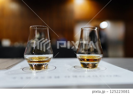 Exploring the rich flavors of whiskey in an elegant tasting setting 125223081