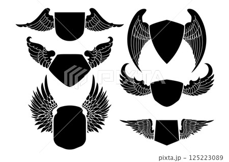 Badge with wings. Emblem with angel wings. Design element 125223089