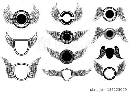 Badge with wings. Emblem with angel wings. Design element 125223090