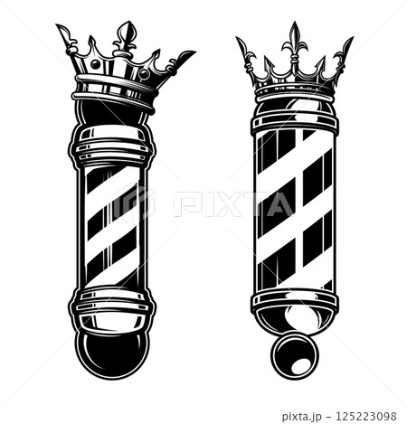 Barber pole with king crown. Design element for logo, label, sign, emblem. Vector illustration 125223098