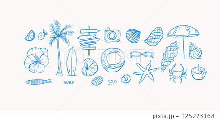 Sea life doodle hand drawn vector illustrations. Ocean life in blue color 125223168