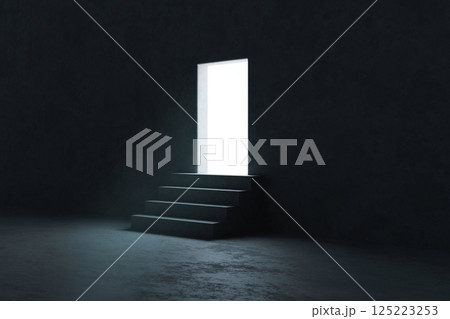 Stairs from darkness leading to light door symbolizing hope and motivation. 125223253