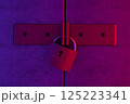 Padlock locked on iron metal gate illuminated by neon lights. 3d illustration. 125223341