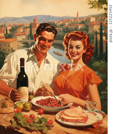 Vintage Italian landscape poster capturing the essence of La Dolce Vita, with romantic tones, classic architecture, and coastal or countryside scenery. Vintage Italian landscape poster capturing the essence of La Dolce Vita, with romantic tones, classic architecture, and coastal or countryside scenery. 125223452