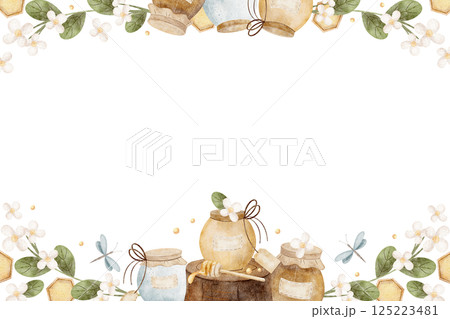Frame of honey jar on forest stump with chamomile flowers, dragonfly, honeycomb. Watercolor illustration hand drawn in vintage style for design invitations, cards, templates, label, packaging, food 125223481