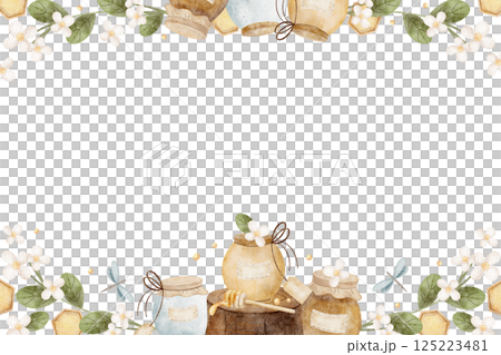 Frame of honey jar on forest stump with chamomile flowers, dragonfly, honeycomb. Watercolor illustration hand drawn in vintage style for design invitations, cards, templates, label, packaging, food 125223481