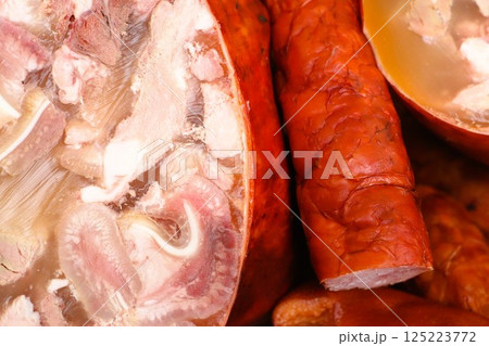 Traditional Food Ingredients Jellied Meat and Sausages, a savory culinary delight 125223772