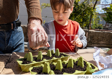 Child Planting Seeds in Recycled Egg Cartons with Adult. Eco Gardening Child Planting Seeds in Recycled Egg Cartons with Adult. Eco Gardening 125224555