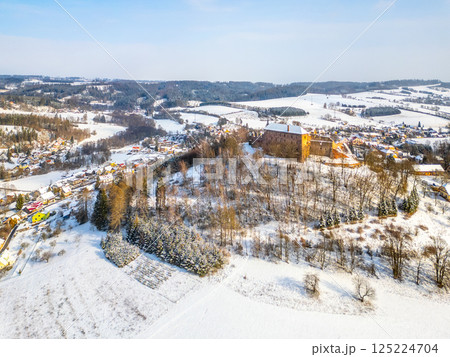 Pecka medieval castle stands proudly atop a hill, blanketed in snow. The surrounding landscape features frosted trees and quiet village below, creating a picturesque winter setting. 125224704
