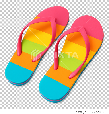 Brightly Colored Flip Flops With Horizontal Stripes Perfect for Summer Beach Outings 125224922