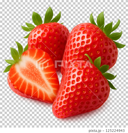 Fresh Red Strawberries on Green Leaves Ready for a Delicious Dessert or Snack 125224943