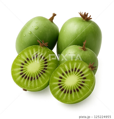 Fresh Green Kiwi Fruit Cut in Half Showcasing Vibrant Interior and Black Seeds 125224955