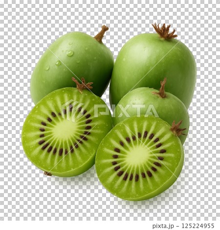 Fresh Green Kiwi Fruit Cut in Half Showcasing Vibrant Interior and Black Seeds 125224955